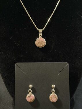 Rick Tolino Sterling & Pink Rhodonite Pendant Necklace with Drop Earrings Set
